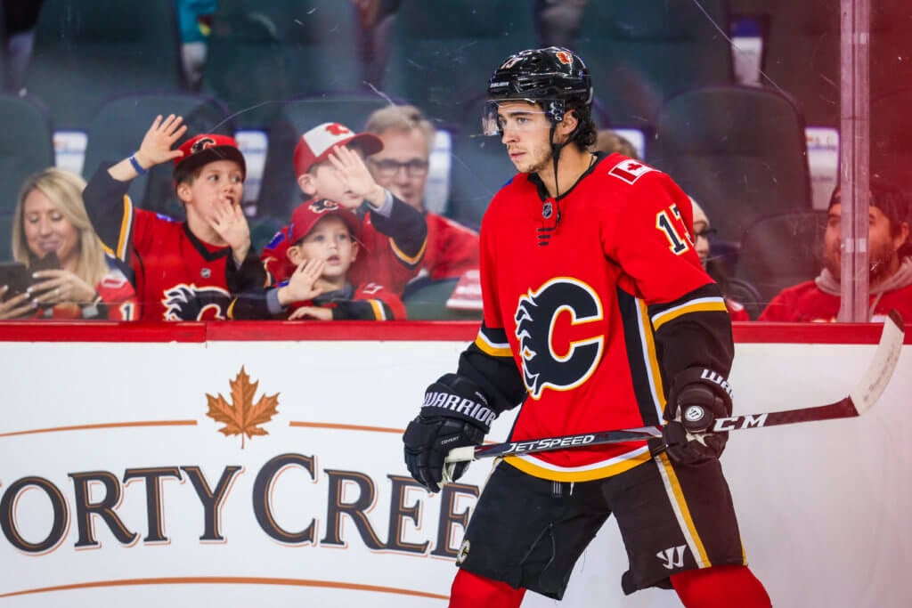 Sep 28, 2019; Calgary, Alberta, CAN; Calgary Flames left wing Johnny Gaudreau (13) in front of fans during the warmup period against the Edmonton Oilers at Scotiabank Saddledome. Mandatory Credit: Sergei Belski-USA TODAY Sports